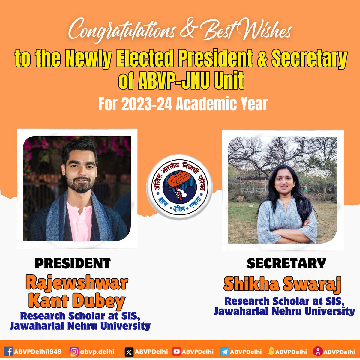 ABVPDelhi's tweet photo. Congratulations to the newly elected President Rajeshwar Kant Dubey and Secretary Shikha Swaraj of the ABVP-JNU Unit. 

Your commitment and foresight will surely catalyze constructive transformation and advancement at Jawaharlal Nehru University. 

#ABVP #JNU #ABVPDelhi https://t.co/1PmP3vRDGl