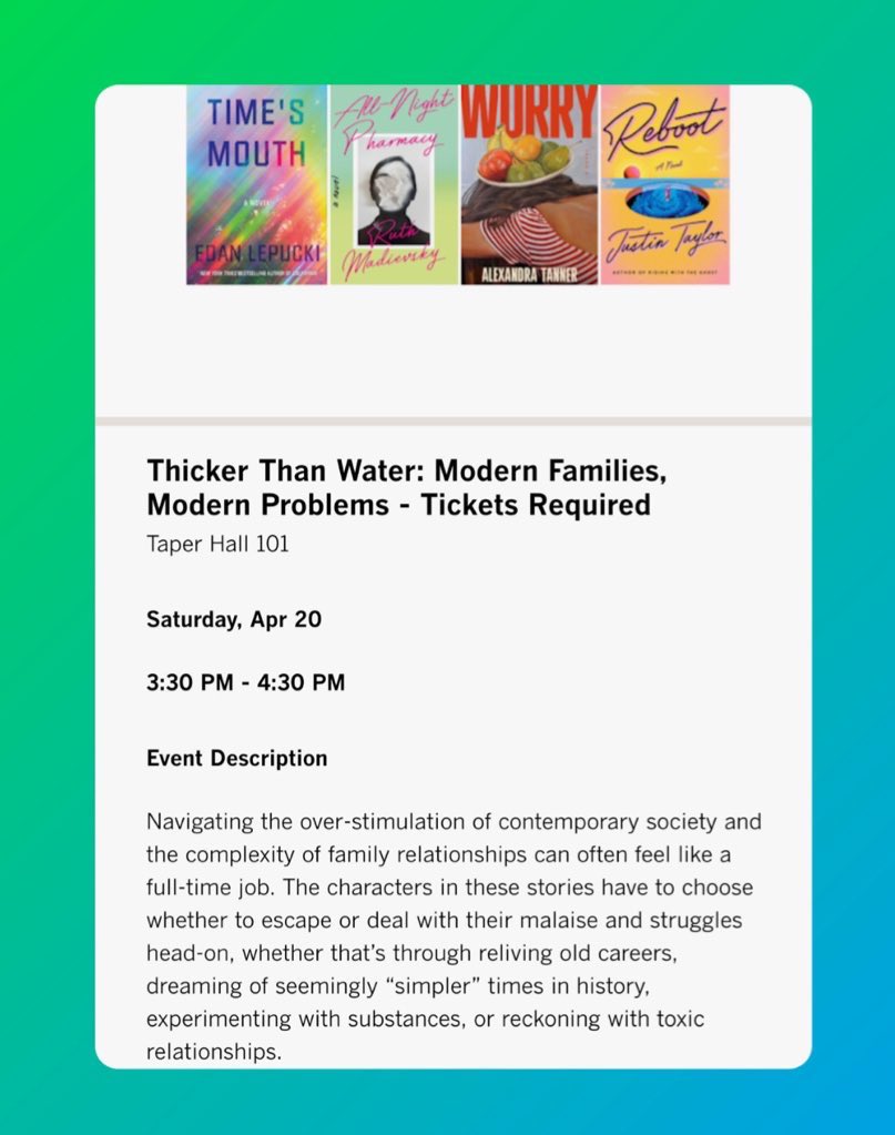 SATURDAY, 3:30 pm! I’ll be doing this stacked <a href="/latimesfob/">LA Times Festival of Books</a> panel with Edan Lepucki, <a href="/alex___tanner/">alex</a>, &amp; <a href="/my19thcentury/">Justin Taylor</a>, moderated by <a href="/scottsoconnor/">Scott O'Connor</a> 

$6 tickets here: 

tixr.com/groups/latimes…