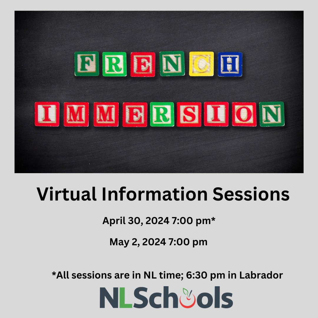 Parents Interested in registering their child or children in Early French Immersion for the upcoming KinderStart/Kindergarten registration in May can join virtual information sessions on April 30 or May 2 at 7:00 pm. Get the link to join at bit.ly/3VP6W6J