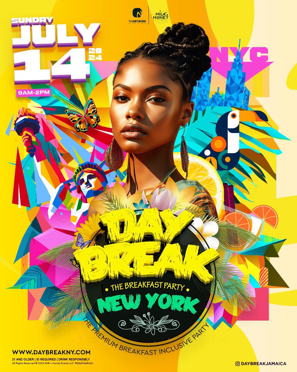 D A Y B R E A K  N E W  YORK
Premium Breakfast Inclusive
@daybreakjamaica

SUNDAY JULY 14th 
9AM - 2PM

SUPER EARLY BIRD TICKETS GOES ON SALE FRIDAY APRIL 19 @ 12 noon 
daybreakny.com

Subscribe for more information 👇🏾
@thenetworkjam
@milkandhoney_party

#daybreakja