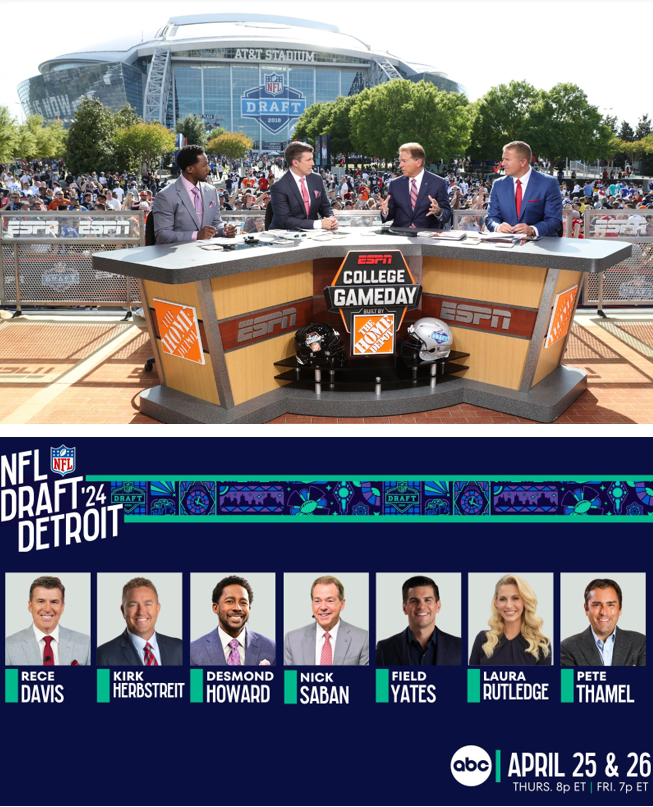 Nick Saban has been a guest on ESPN's #NFLDraft coverage many times since @CollegeGameDay travelled to the 2018 draft in Arlington. This year, Saban will make his ESPN analyst debut on-set w/ @ReceDavis @KirkHerbstreit @DesmondHoward & team: bit.ly/43ZmHde