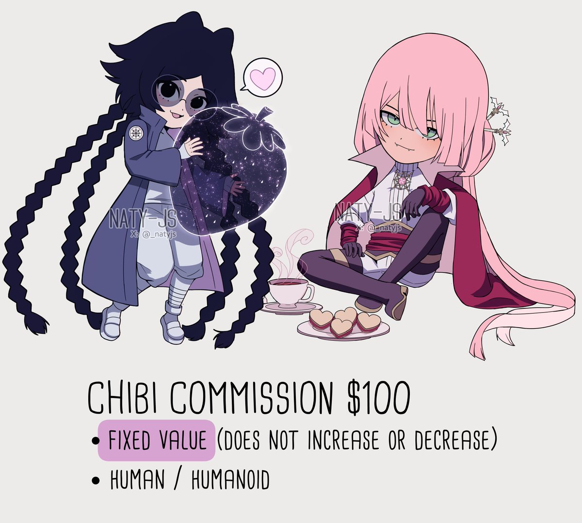 #CHIBICOMMISSION $100
🌷The value does not increase or decrease 
​🌷100% per extra character
🌷You only see the final result, you cannot see the sketch process pic.
#commissionsopen #chibicomissions #commissionsinfo #commisions
(+)
