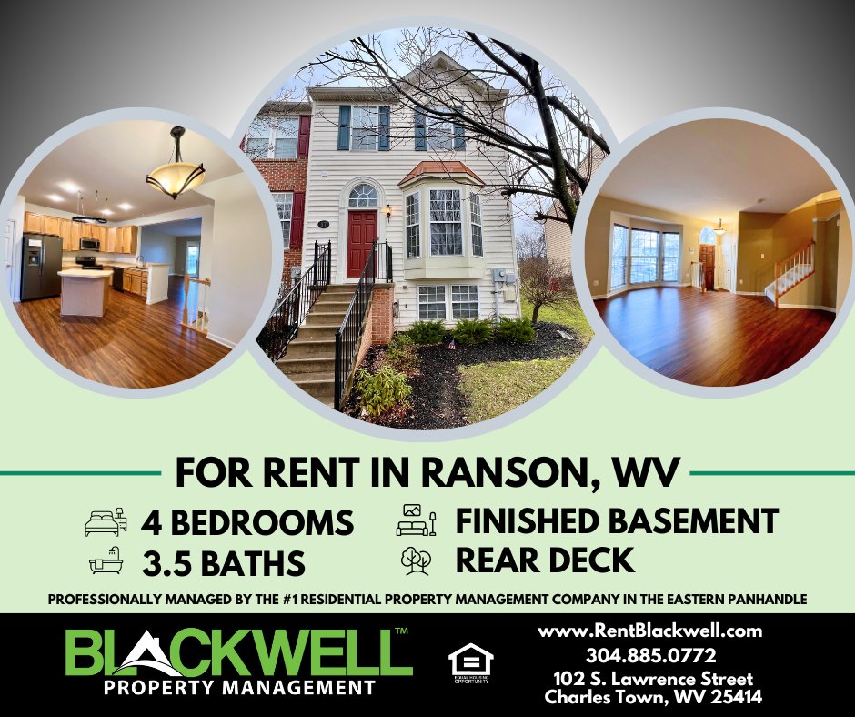 For Rent: Townhouse in Ranson, WV! Visit 97 Riparian Ln at rentblackwell.com/charles-town-h…

#RansonWV #JeffersonCountyWV #ForRent #Townhouse #WestVirginia #WVRealEstate #BlackwellPropertyManagement #PropertyManagement