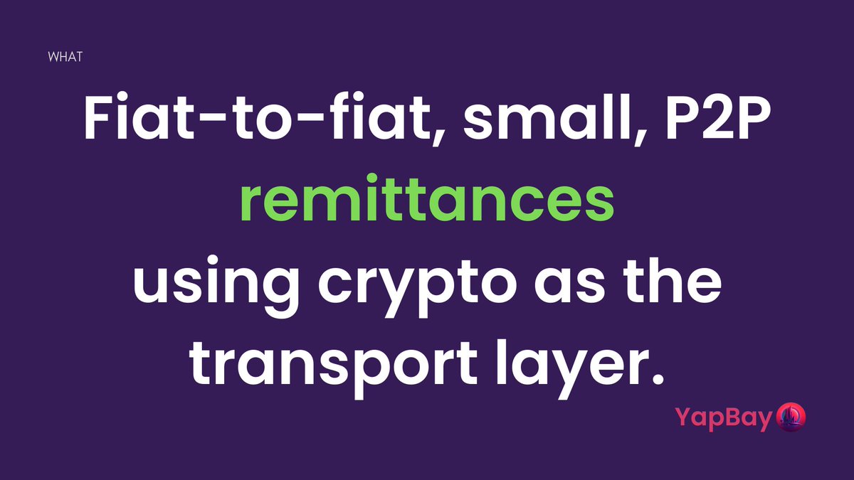 Taking <a href="/ycombinator/">Y Combinator</a>'s advice on making a deck... Here we go!

Is it too minimal?

WHAT

YapBay is fiat-to-fiat, small, P2P remittances using crypto as the transport layer.