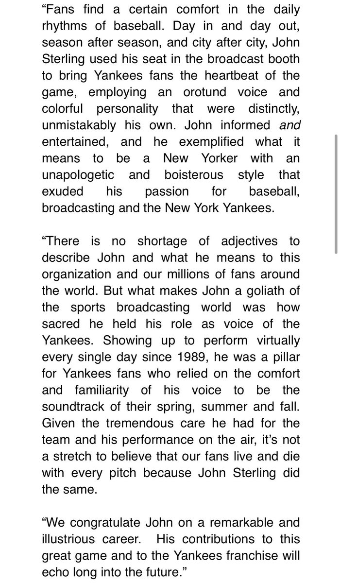 Here is the Yankees’ statement on John Sterling’s retirement: