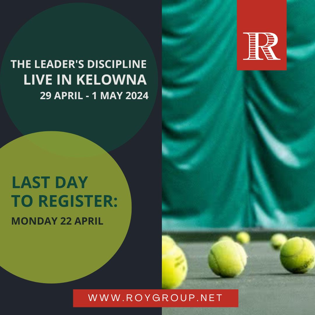 April 22 is the last day to register for the upcoming The Leader's Discipline, LIVE in Kelowna. That's next Monday!

To register: roygroup.net/news/the-leade…

#ProfessionalDevelopment #LeadershipTraining #Coaching