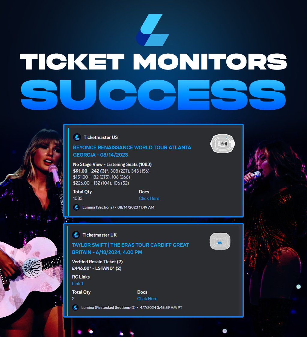Thanks to Lumina, I'll never overpay for concert tickets again! 🎟️ Their monitors keep me updated on all Taylor Swift and Beyoncé ticket restocks, ensuring I grab seats at face value. No more FOMO or inflated prices – just pure excitement for unforgettable concerts!