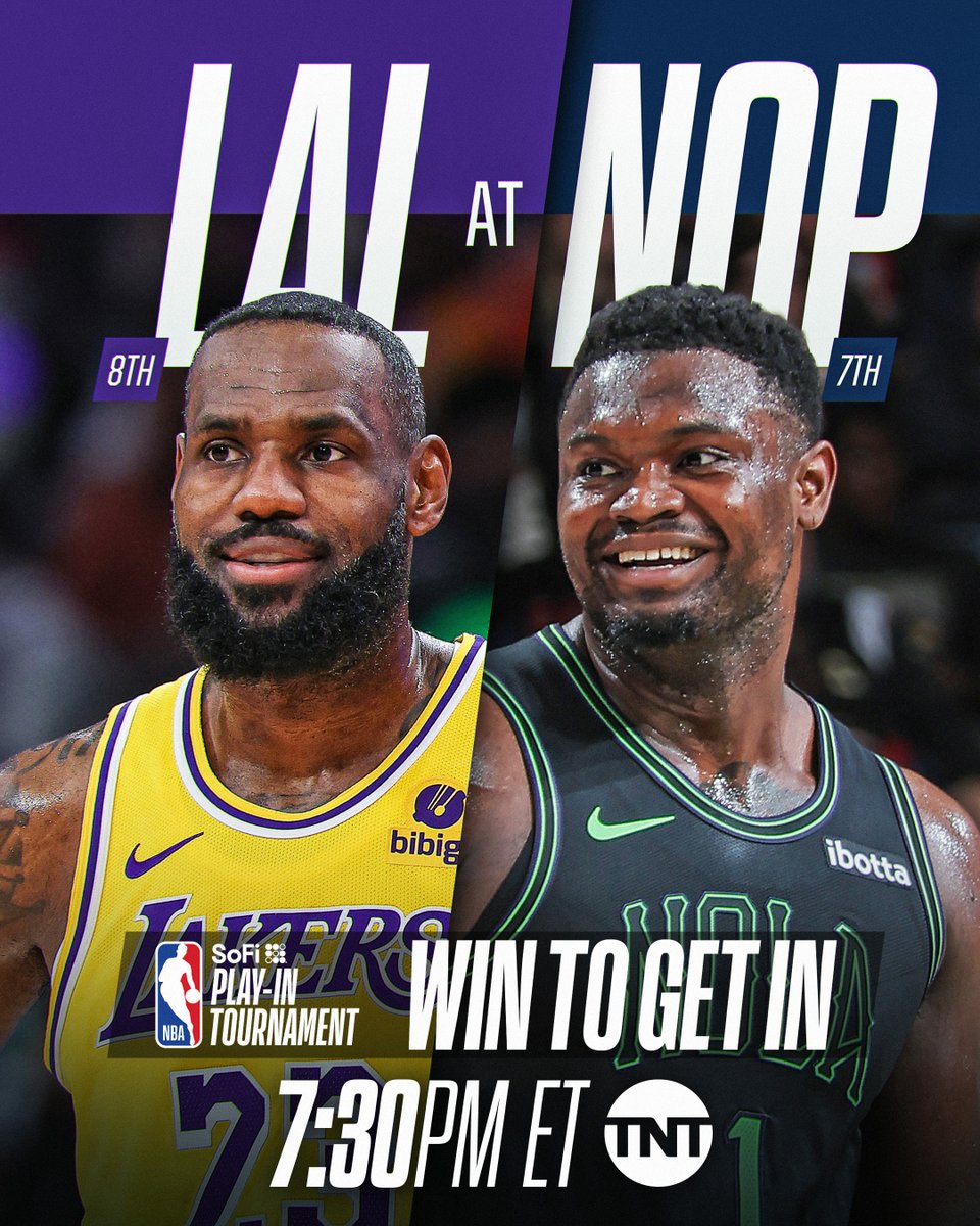 NBA's tweet photo. LeBron. Zion. Lakers. Pelicans.

WIN TO GET IN.

The West's 7th seed is on the line... #SoFiPlayIn action tips tomorrow night at 7:30pm/et on TNT. https://t.co/yzFlbpD1wh