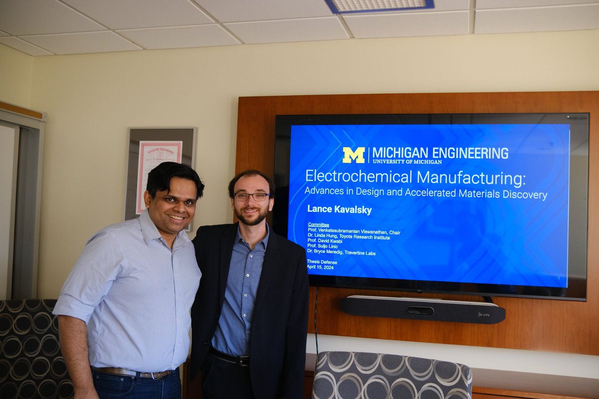 PhD#17 in the books and #1 @UMich. Congrats to @LKavalsky on successfully defending his PhD on electrochemical manufacturing - iron and ammonia production! Thanks to @linicsu @brycemeredig Linda Hung (@ToyotaResearch) David Kwabi for input. Good luck @UWMadCBE in Manos' group!