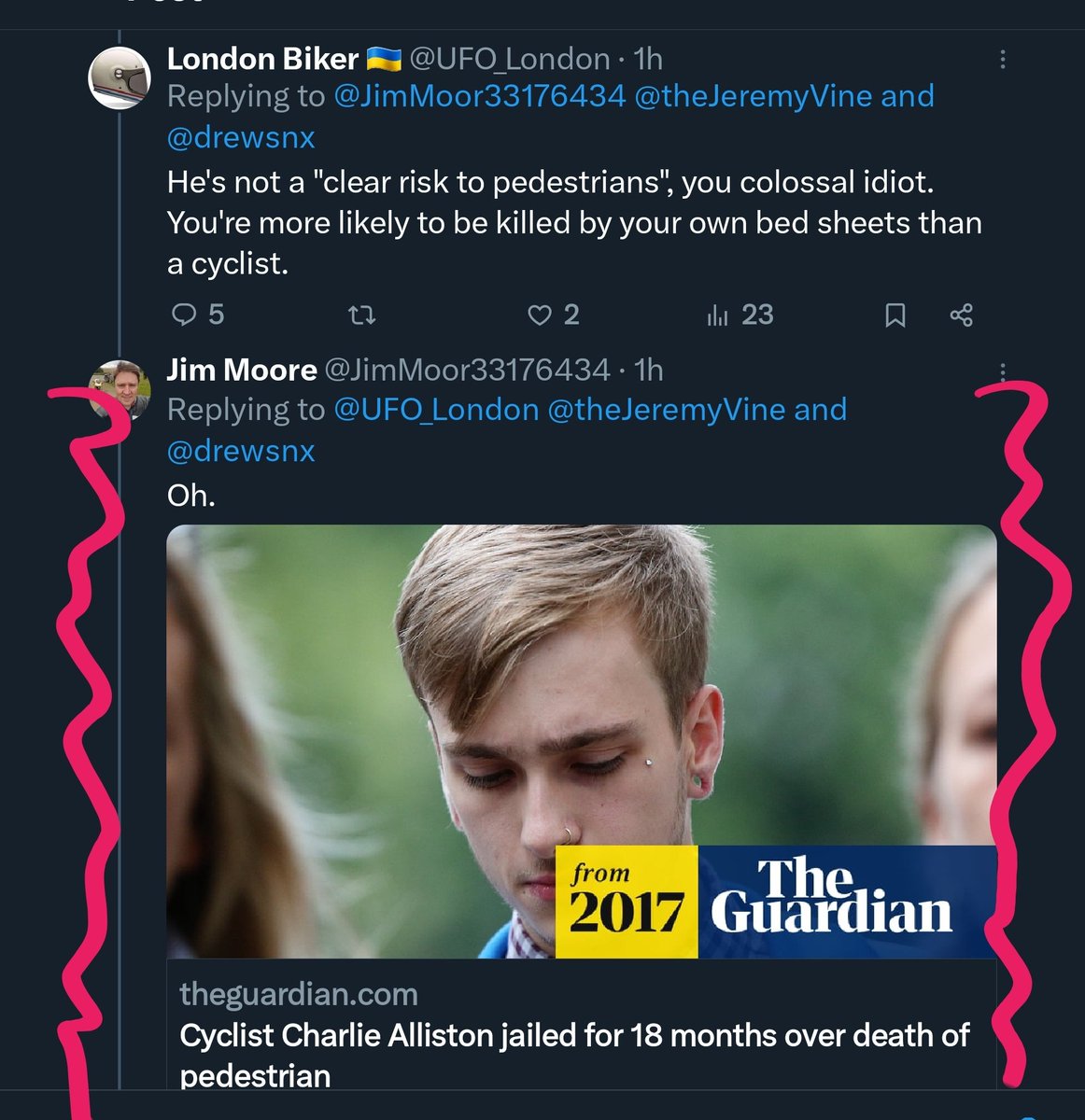 theJeremyVine's tweet photo. Jim needs an example to prove his point. By reaching all the way back to 2017 (and a tragic case) he only establishes that death-by-cyclist is incredibly, incredibly rare. #LadderMan https://t.co/mkVSecgPMk