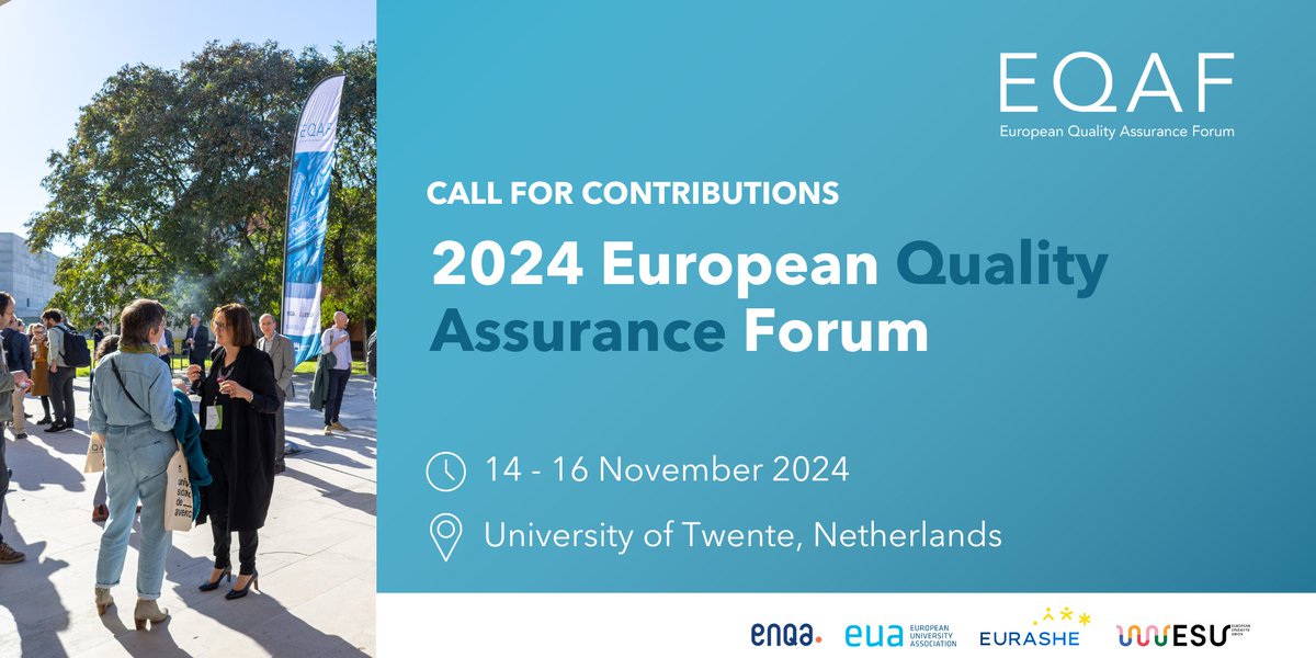 EQAF's tweet image. 📢 Call for contributions now open: 2024 European #QualityAssurance Forum 
📅 14 to 16 November @UTwente 

@EUAtweets @ENQAtwt @ESUtwt ➕ @EURASHE welcome proposals for papers, workshops and practice presentations #EQAF

Deadline: 23 June bit.ly/2024eqafcall_X

@CHEPS_UT