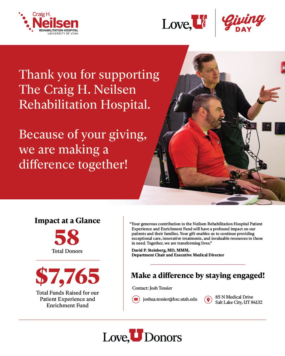 Thank you for supporting the Neilsen Rehabilitation Hospital Patient Experience Enrichment Fund. Together, we are transforming lives! #uofugivingday #givingday #patientexperience #qualityoflife @neilsenrehab