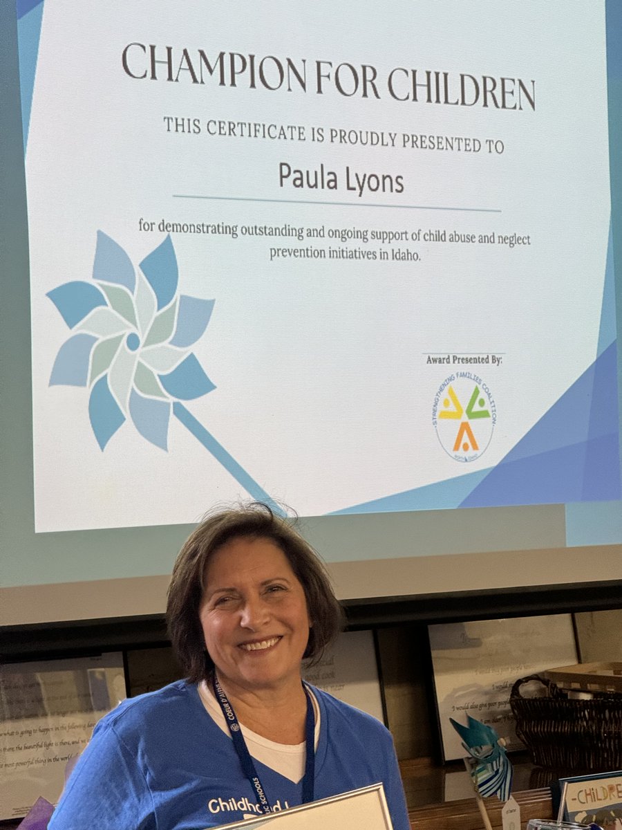 CdaSchools's tweet photo. April is Child Abuse & Neglect Prevention Month. The Strengthening Families North Idaho Coalition presented CDA Schools McKinney-Vento coordinator Paula Lyon with an award for being an amazing advocate for students & families in our community. #kindmatters Congratulations Paula! https://t.co/XeOno7eBgt