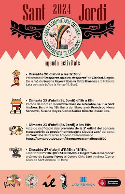 huacal_ong's tweet photo. Este sábado 20 de abril les esperamos en la libreria @LataPeinada ! Comenzamos el #SantJordi24 más salvadoreño de todos los tiempos en Barcelona presentando "Despierta mi bien despierta" de Claribel Alegria, nos acompañará la editora Susana Reyes de @indoleditores @OjodeCuervoCA https://t.co/0TEt4pshYO