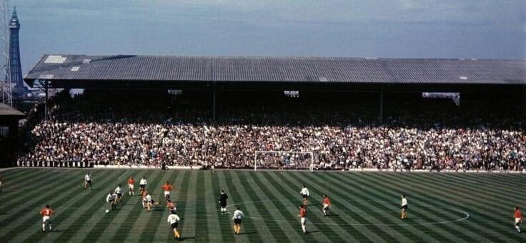 There is a feeling this could be Blackpool v Hull City in the late 1960’s. However, regardless, it’s a marvellous photograph of the roofed Kop, The Tower and a magnificent Bloomfield Road surface from over 50 years ago.