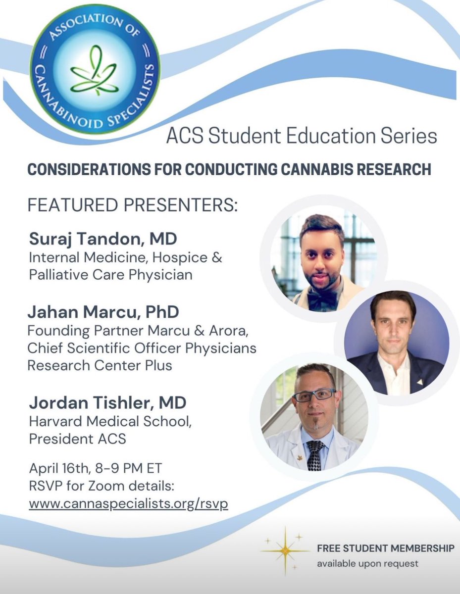 MedEx_Consult's tweet photo. Virtual Medical Cannabis Lecture on April 16th from 8-9 PM EST📚

“Considerations for Conducting Cannabis Research” 🪴

Register in advance and if interested in joining their organization: student memberships are FREE!!

@cannaspecialist @awsumpowers @Samir_Grover @SadiqNaveed https://t.co/hEMp59C8qN