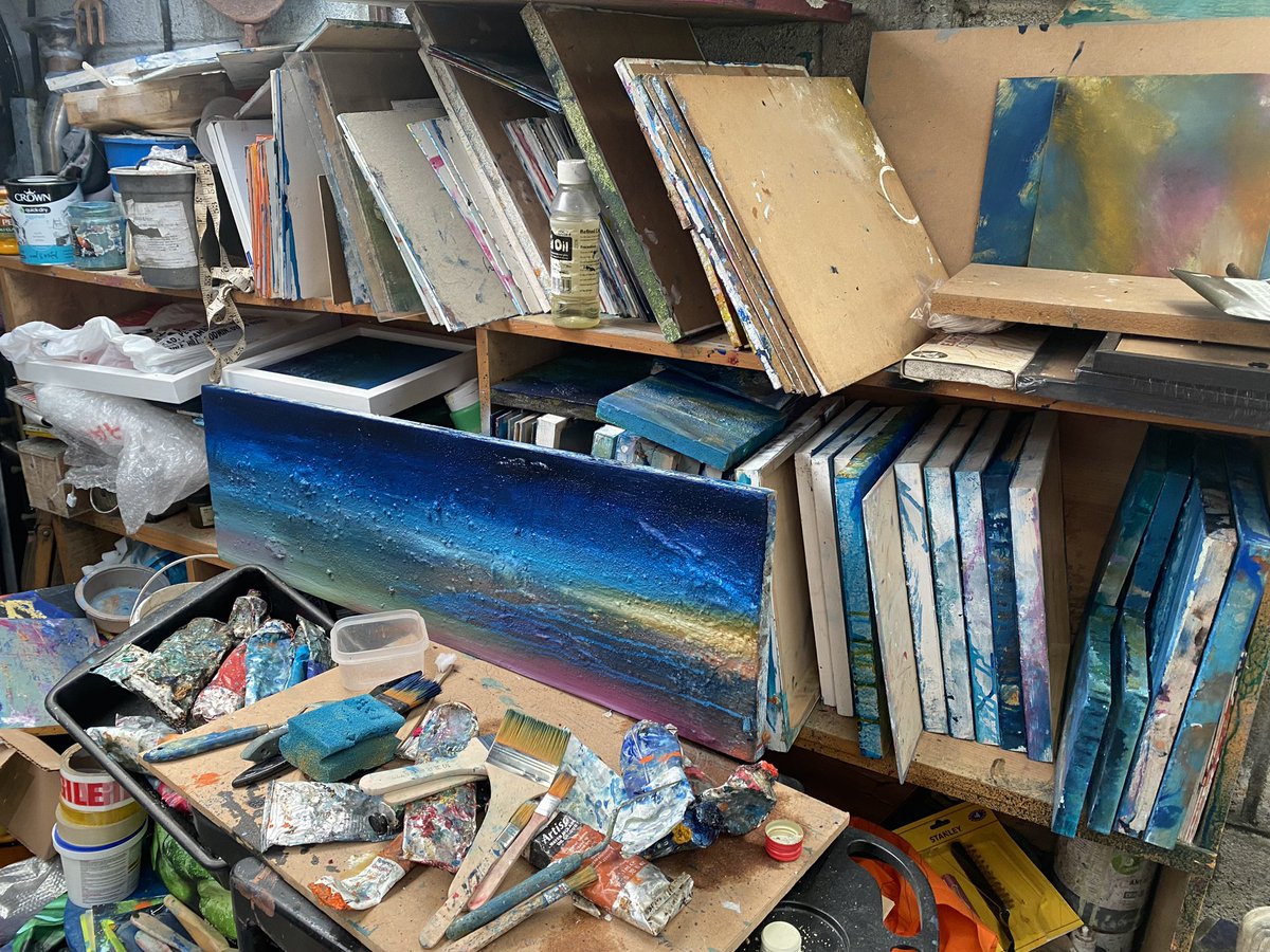 @GraniteElements It’s #worldartday today! Getting a few bits ready to offer this week as part of the #artistsupportpledge here’s a few pics of the mess in my studio 🤣. Cheers all and have a great #mycreativeweek #art #painting #cornwall #supportlivingartists ❤️🎨