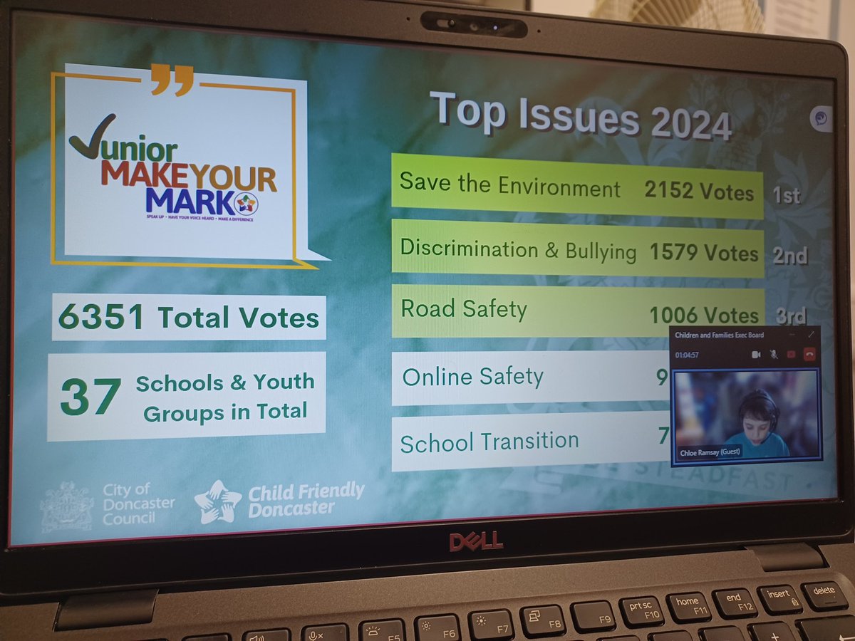 #Doncaster Youth Councillor Angus and Primary Ambassador Chloe did a fantastic job this afternoon presenting our Make Your Mark & Junior Make Your Mark results to our strategic leaders on the Children & Families Exec Board!💻🤩 Big well done to them!🙌 @Rianaguk @LeeGolzeFF