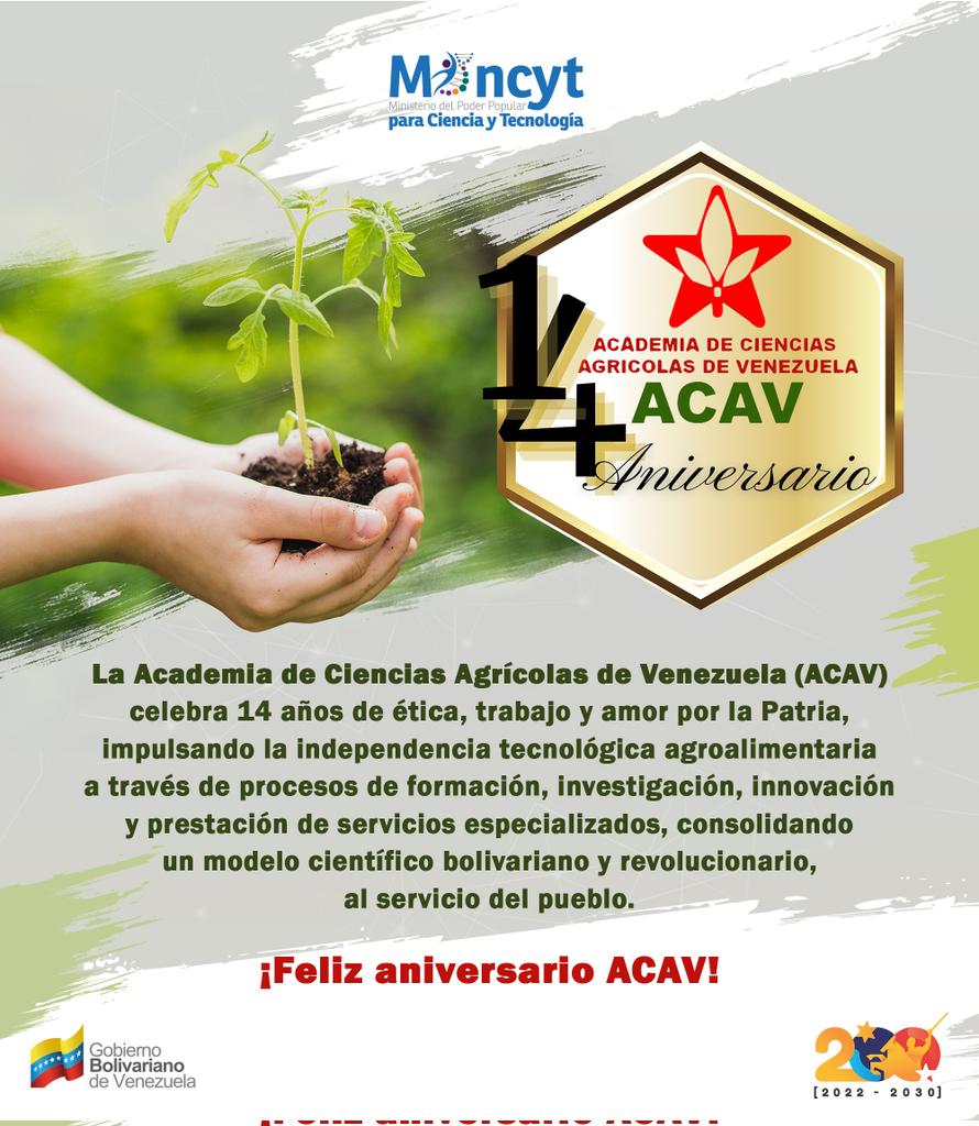 #15Abr arriba a su 14° Aniversario,incentivando la formación y el desarrollo de proyectos científicos con el Poder Popular para la soberanía agroalimentaria del país la ACAVdestaca Mntra @Gabrielasjr. Creado en el 2010, por el comandante Hugo Rafael Chávez Frías. #DaleConMaduro