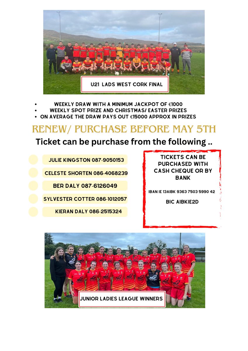 ‼️Time to renew your yearly lotto‼️
As ye know our lotto is our principle source of funding so please support in any way you can. Yearly tickets to be purchased before May 5th. Details of prices and sellers below.
Thank you all for your continued support to the club ❤️💛