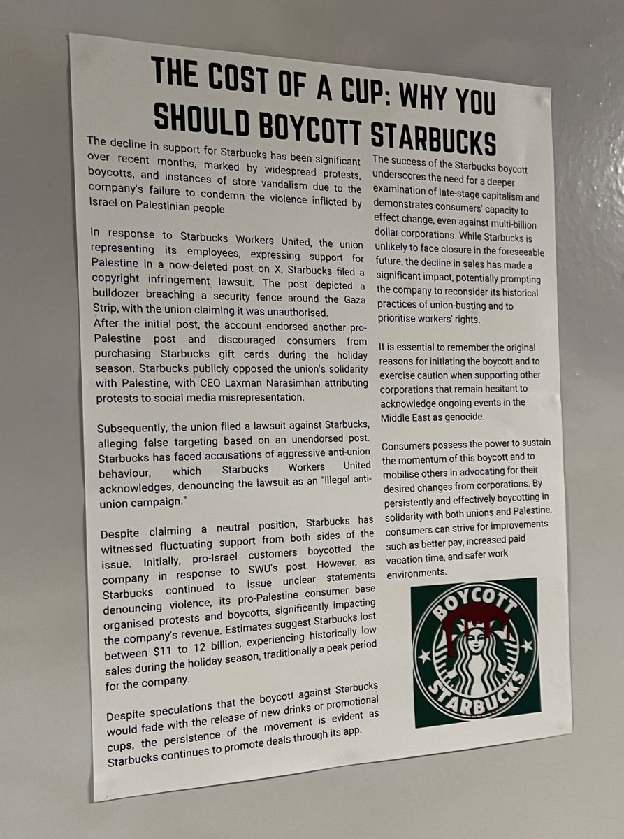 SocialistYM's tweet photo. Seen outside Starbucks at Wits today. 

Starbucks has taken the side of Israel as it brutally and illegitimately occupies Palestine, and has subjected its workers to abhorrent conditions by practicing union busting. 

#BoycottStarbucks #FreePalestine #WorkersOfTheWorldUnite https://t.co/b3Jd28wMOI