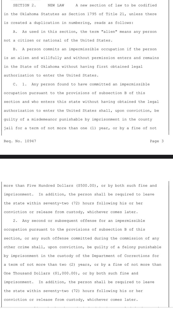 The #okleg leadership bill on #immigration to create a new criminal offense for 'impermissible occupation' by an undocumented 'alien' has dropped. It's HB 4156: webserver1.lsb.state.ok.us/cf_pdf/2023-24…