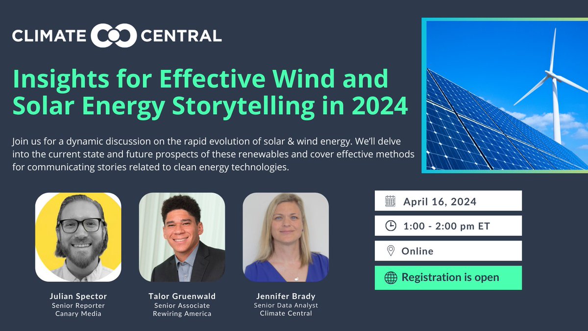 Webinar reminder: Join us tomorrow (Tuesday) at 1:00 PM ET for – Insights for Effective Wind and Solar Energy Storytelling in 2024 – featuring experts from @CanaryMediaInc, @rewiringamerica and @ClimateCentral! Register here: climatecentral-org.zoom.us/webinar/regist…🍃☀️