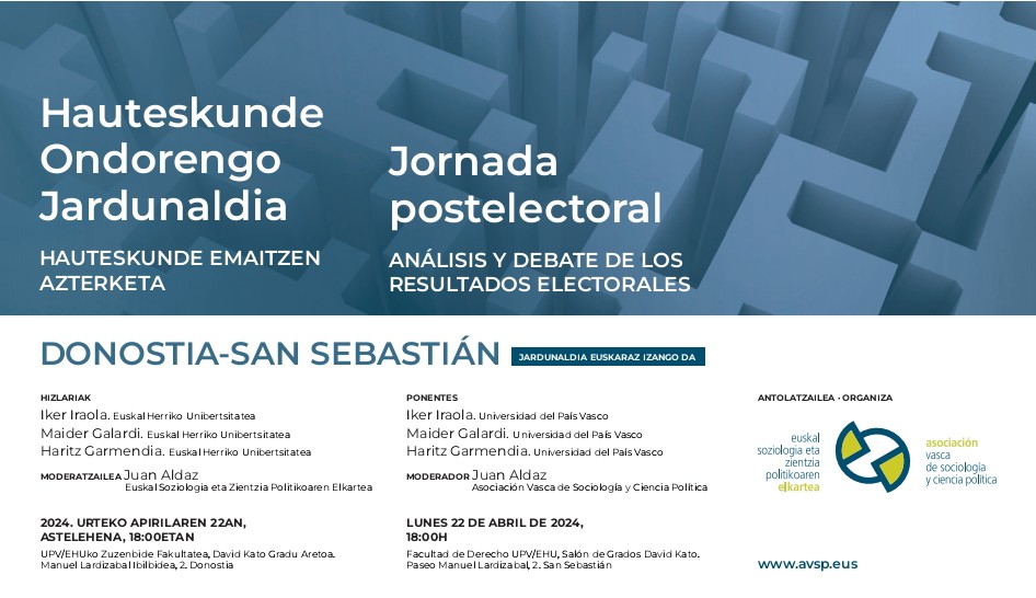 Astebete barru #A21hauteskundeak aztertzeko batuko gara, EHUren Donostiako campusean, <a href="/MaiderGalardi/">Maider Galardi F. Agirre</a>, Haritz Garmedia eta hirurok, <a href="/juanaldaz/">Juan</a>-ek gidatuta.

Emaitzak, inkestak (asmatuko dute ala ez?), kanpaina... Egongo da zer aztertua! 👇🏽