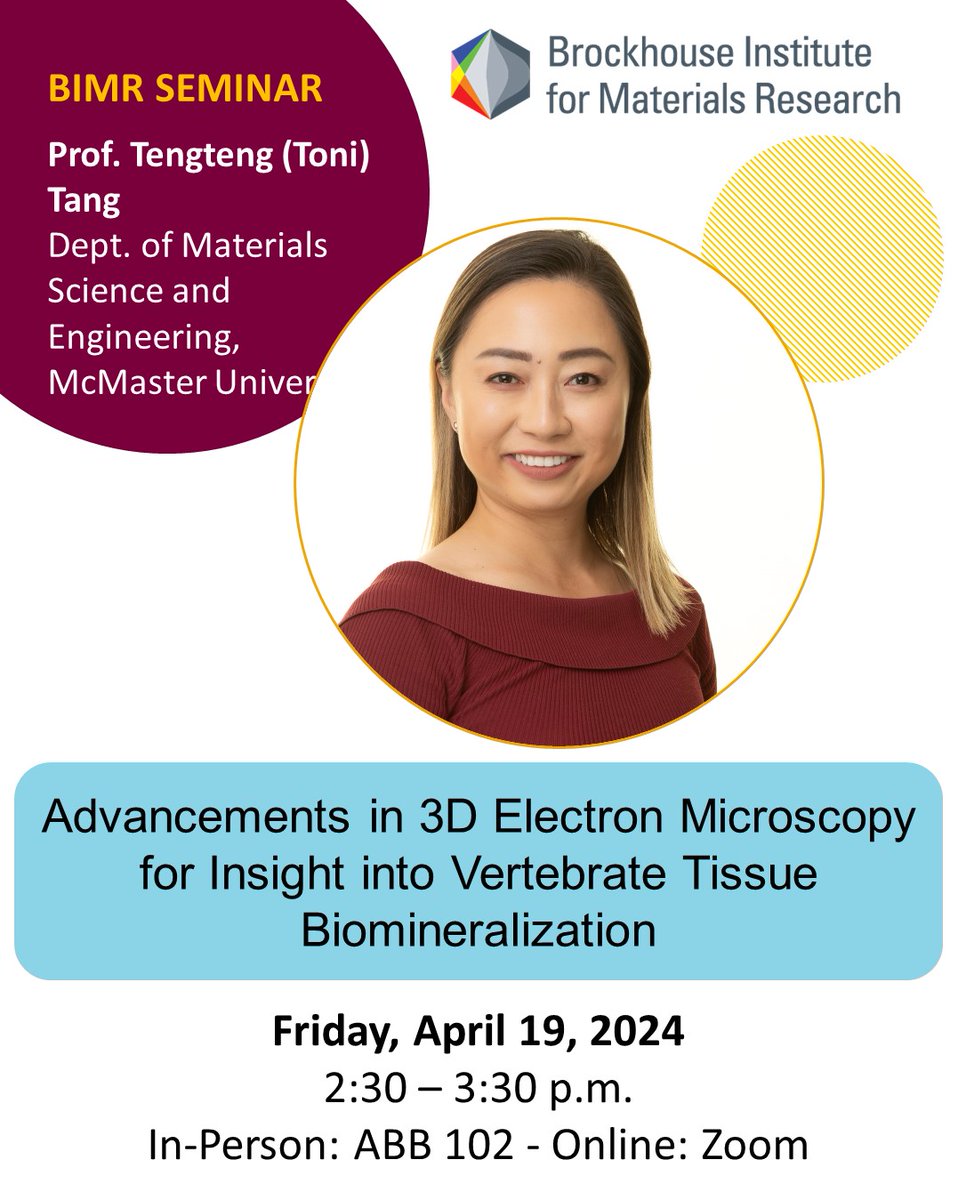 Friday April 19 at 2.30pm, as part of our seminar series co-organized with <a href="/CalmMcmaster/">McMaster Centre for Advanced Light Microscopy</a>: Dr. Tengteng (Toni) Tang from <a href="/MSE_McMaster/">Materials at Mac</a>, will present her work on Advancements in 3D Electron Microscopy for Insight into Vertebrate Tissue Biomineralization.
brockhouse.mcmaster.ca/events/