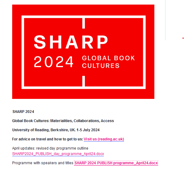 Attention #SHARPists! The revised final programme for @SHARP2024 is now up on our website. To download, please visit <research.reading.ac.uk/centre-for-boo…> See you soon! @SHARPorg @SHARPorgNews