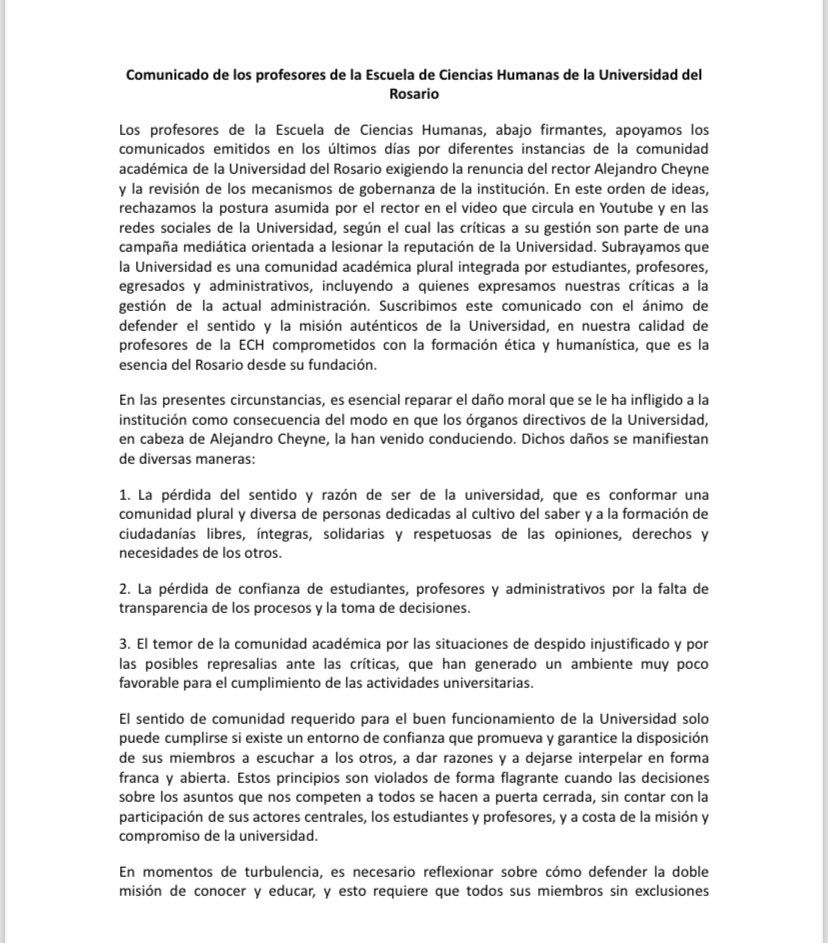 rcnradio's tweet photo. #Atención | Profesores de la Facultad de Ciencias Humanas de la Universidad del Rosario se sumaron a los pedidos para que el rector, Alejandro Cheyne, renuncie. También piden que se revisen los “mecanismos de gobernanza” en el plantel. https://t.co/iIMMmJ9i6V