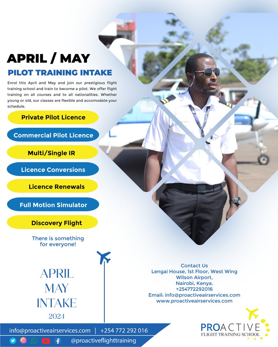ProactiveFlight's tweet image. 🛩️✈️ Ready to soar high? Join our next intake at Proactive Air Services! 🚀 

- ✈️ PPL Class
- ✈️ CPL Class
- ✈️ Single/Multi IR
- ✈️ Licence Conversions
✨ Intake for APRIL/MAY. Contact us at +254772292016 or info@proactiveairservices.com to kickstart your aviation journey! 🌟