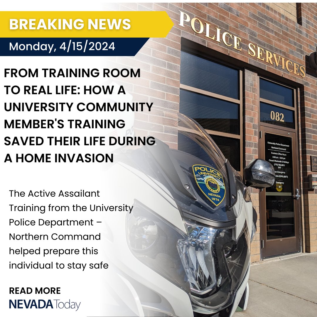 uofnevadapolice's tweet image. @NevadaToday published an article from one of the participants of our Active Assailant Workshop who encountered a home invasion &amp;amp; credits the lessons learned in the class with saving their life. 

Find the full article using the link in our bio! 
#UPDTraining #RunHideFight