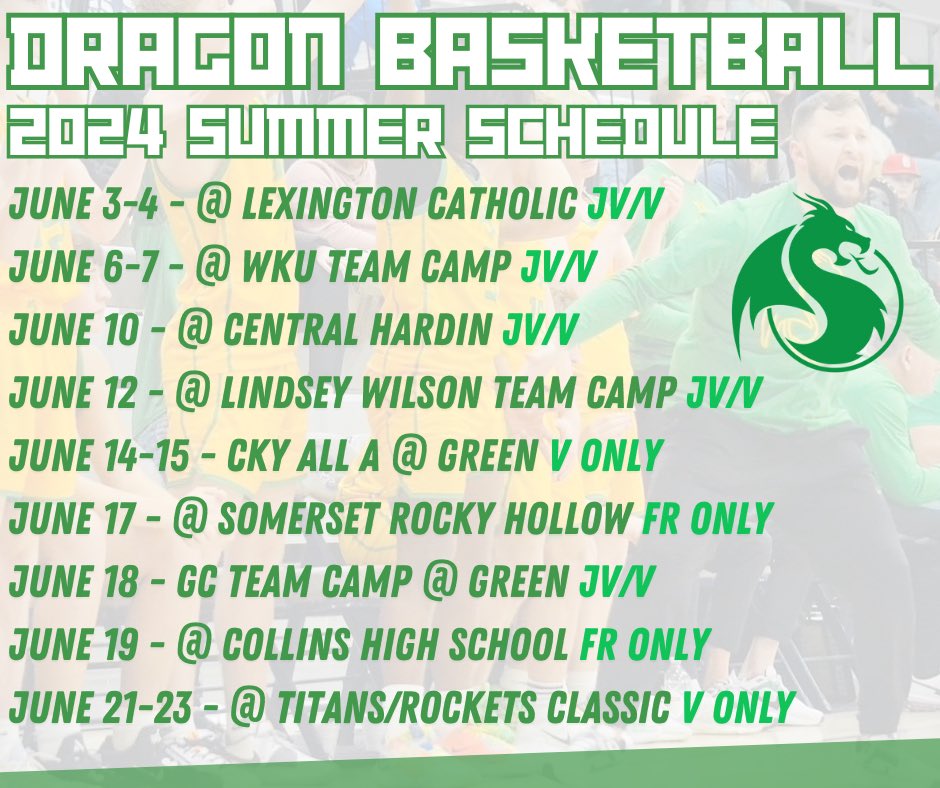 Official Dragon Basketball summer game dates!

Should be a big time summer in hopes to put our kids in the best environments and in front of as many college coaches as possible!

GO DRAGONS

#DoSomethingCrazy #GoldBlooded