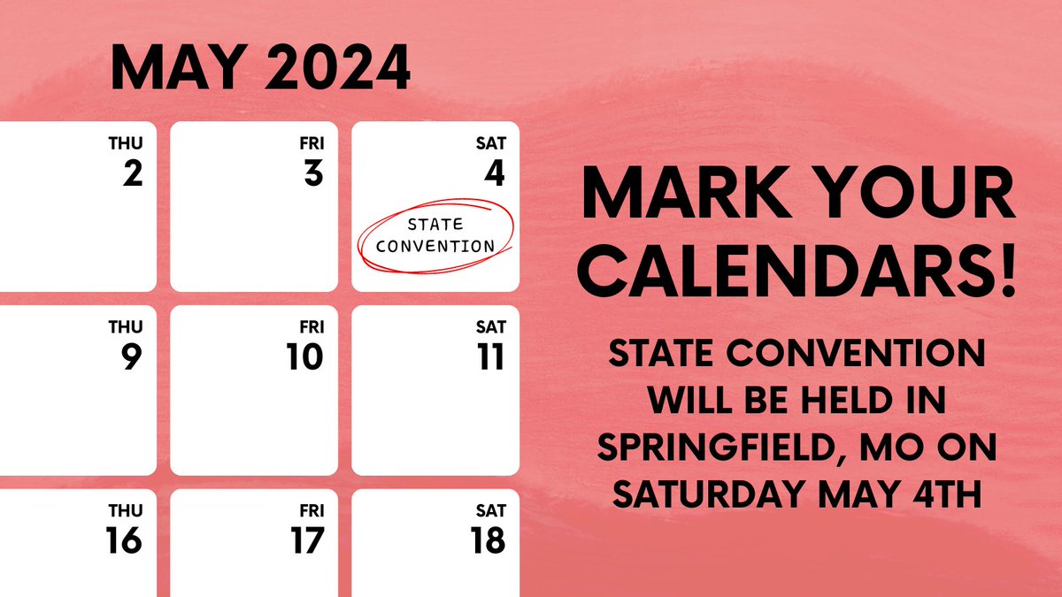 MARK YOUR CALENDARS! State Convention is scheduled for May 4th in Springfield, Missouri. Find more information here: bit.ly/3Jm2V20
