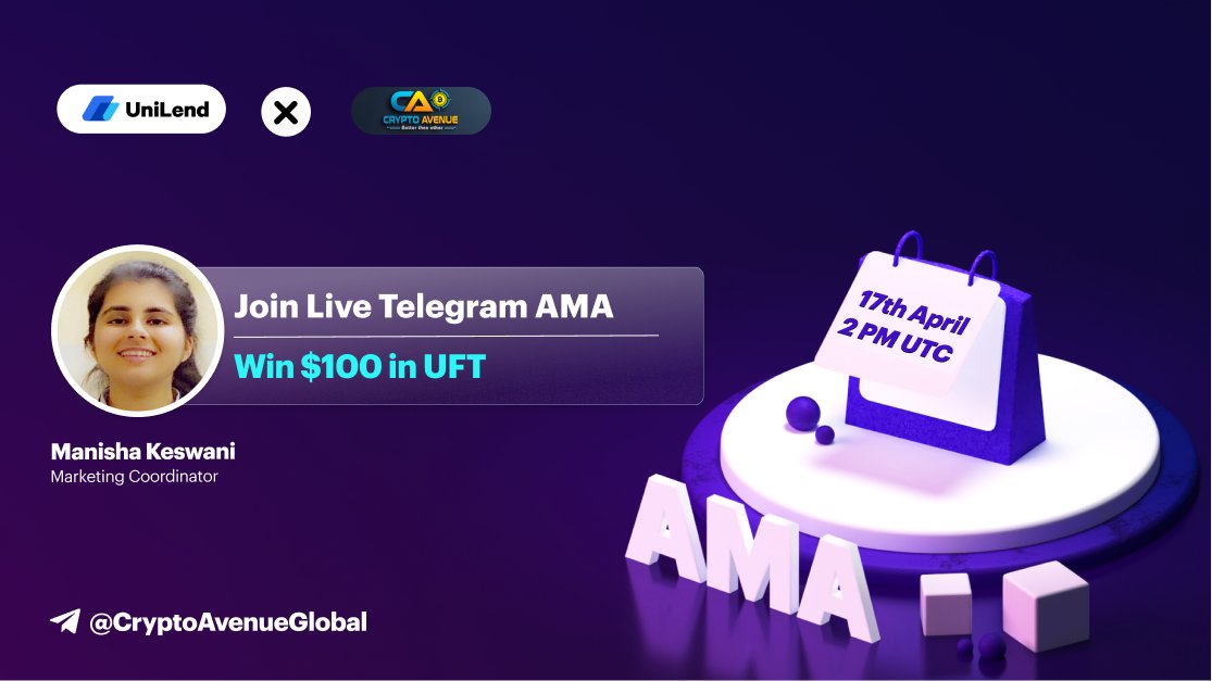 1/Mark your calendars for our LIVE Telegram #AMA with @CryptoAvenuee | Win $100 in #UFT 🎙️ 💬@manisha_keswani will discuss about #UniLendV2 mainnet, features, future plans & more! ✅RT, Drop your questions ✅Invite 3 friends ✅Join: t.me/UniLendFinance ⏰17th April, 2 PM…