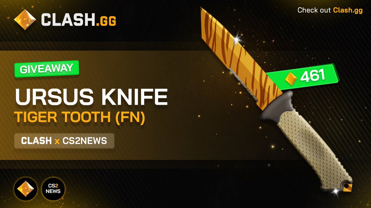 CS2 GIVEAWAY

🎁 Ursus Knife | Tiger Tooth [FN] (310$)

Steps to join 👇 
✅ Follow <a href="/clashdotgg/">ClashGG</a> &amp; <a href="/cs2newsupdate/">CS2 NEWS</a> 
✅ Retweet
✅ Tag 1 friend

#Giveaway