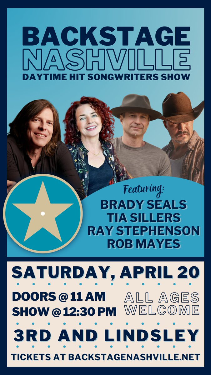 Immerse yourself in the sounds of Nashville as you hear country music’s biggest songs performed live by the songwriters who wrote em! This Saturday features @BradySealsMusic (#GodBlessedTexas), @TiaSillers (#IHopeYouDance), @RayStephenson & @robcmayes 🎟️: bit.ly/BSNApril20