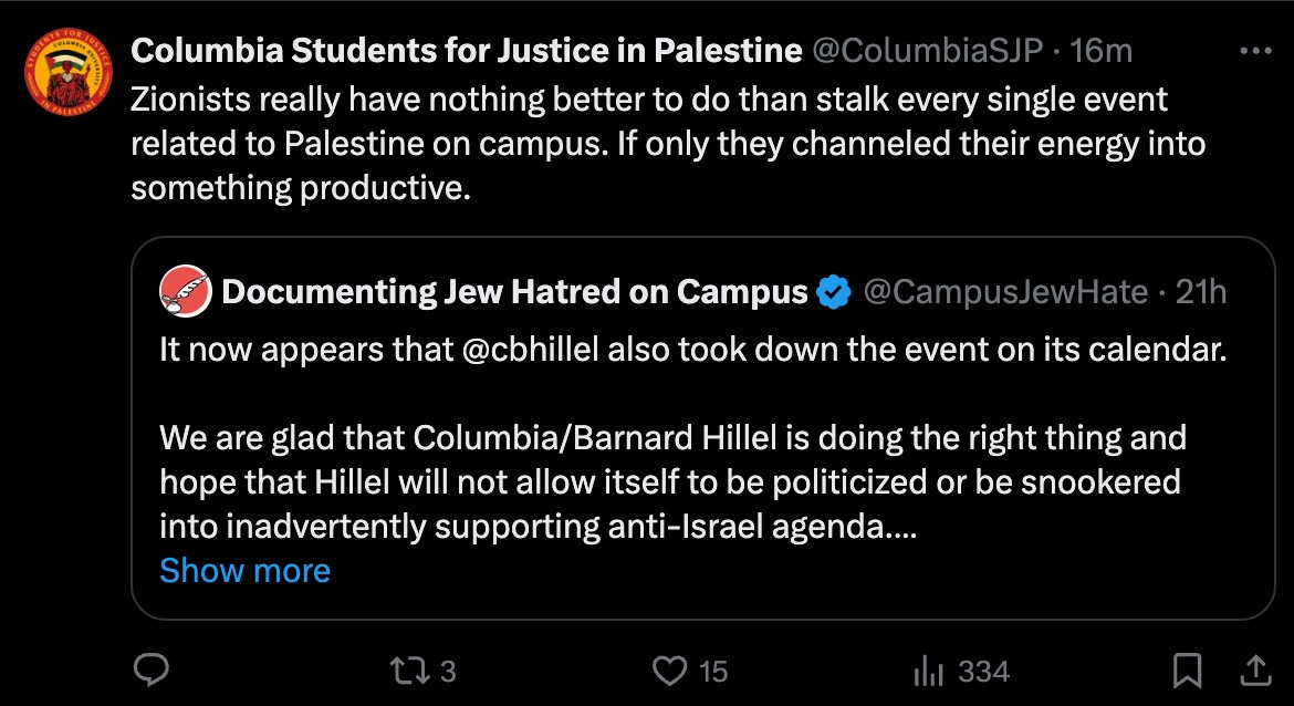 Thank you, @ColumbiaSJP for acknowledging our diligence and commitment!

To learn more about our work exposing toxic anti-Israel climate at @Columbia and @BarnardCollege please visit tinyurl.com/djhc-website.

#djhc_columbia
#NoJihadistsOnCampus