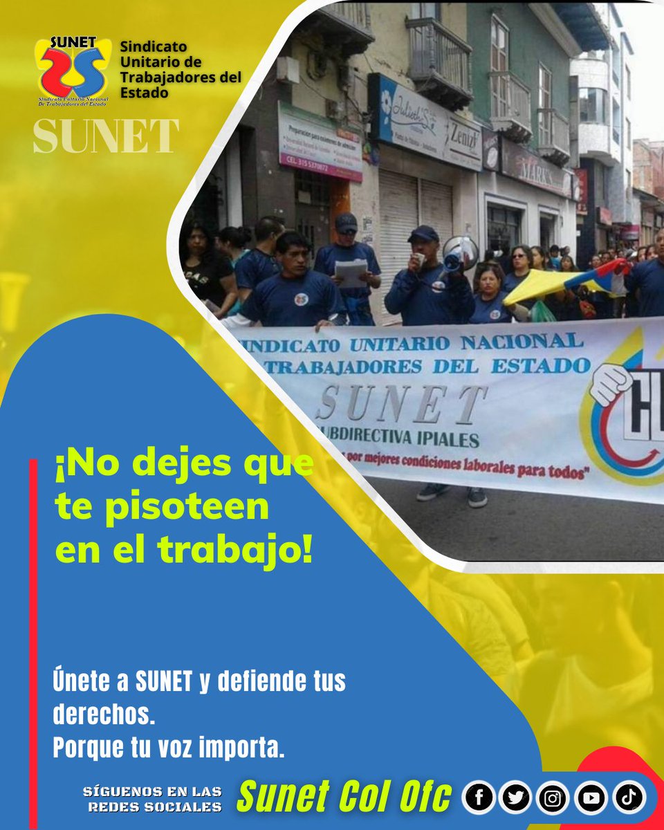 Invita a los trabajadores a unirse al sindicato para defenderse de cualquier forma de abuso laboral.

Contáctanos que nosotros te apoyamos.
Teléfono: +57 1 2812559
Móvil: +57 3185881950
Correo electrónico: sunet@sunet.co
Web: sunet.co
#SUNETSEMOVILIZA
#SUNET