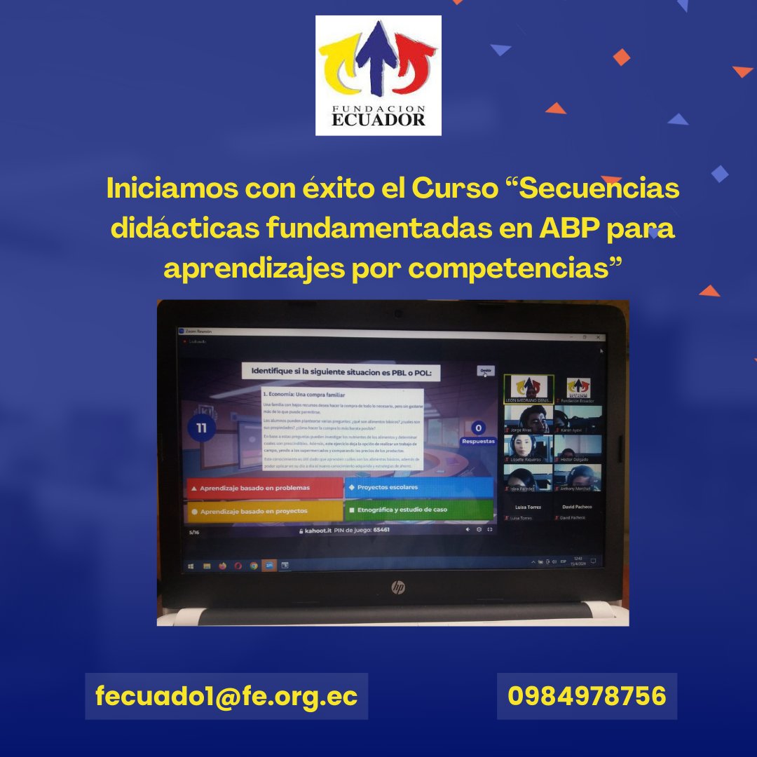 fecuador's tweet photo. Iniciamos el Curso "Secuencias didácticas fundamentadas en ABP para aprendizajes por competencias" que se realizará del 15 al 23 de abril en modalidad "on line".

#SecuenciasDidácticas #AprendizajePorCompetencias #ActualizaciónDocente #CursoOnLine #FundaciónEcuador https://t.co/2auVEM1SU3