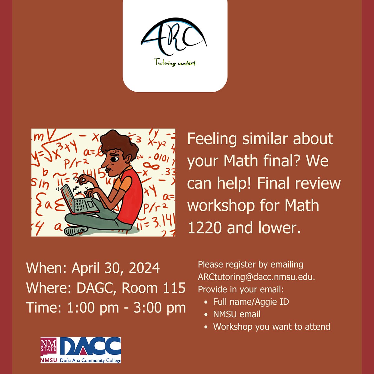 Feeling jumbled about your Math final? Come to our final review workshop for Math 1220 and lower. DACC Gadsden Center Rm. 115. Please email ARCtutoring@dacc.nmsu.edu to register including full name, Aggie ID, NMSU email and the name of the workshop you want to attend. #WeAreDACC
