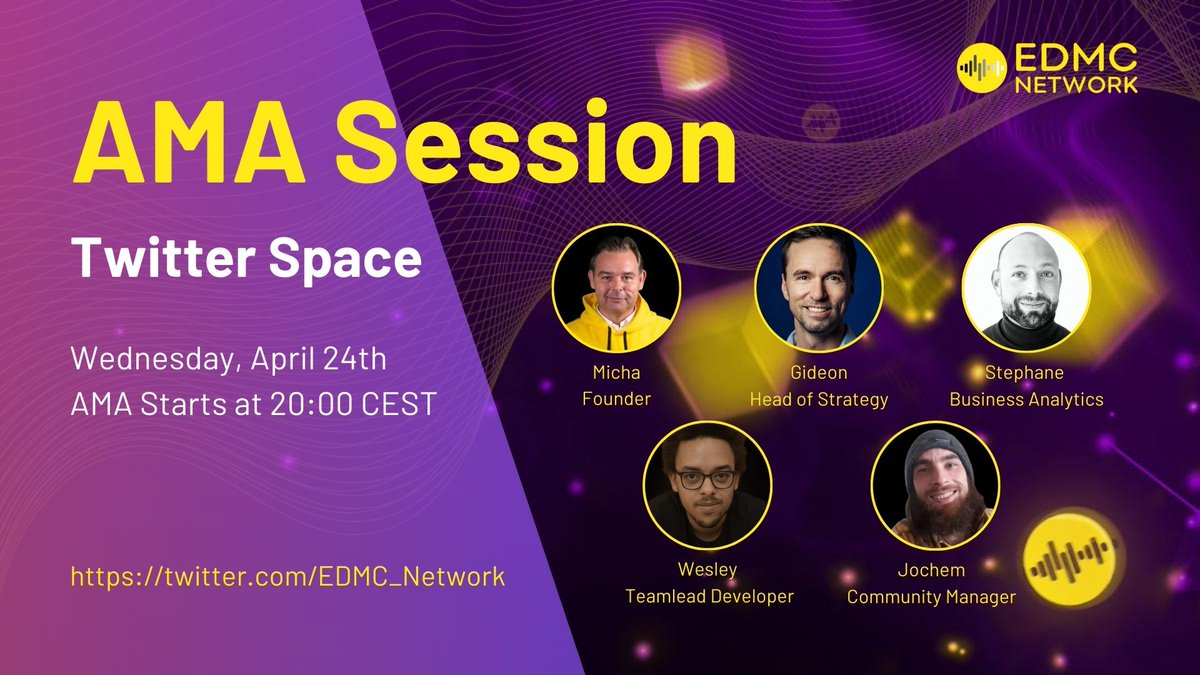 EDMC_Network's tweet image. 🎙️ AMA ANNOUNCEMENT 🎙️

📅 April 24th
⏲️ 20.00 UTC+2/CEST
ℹ️  Join us for an #AMA session! Get the latest updates on the EDMC Network.

💰 Get ready to win big! We're offering 3x prizes of 250 $EDMC tokens for the best questions submitted below in the comments for the AMA!
