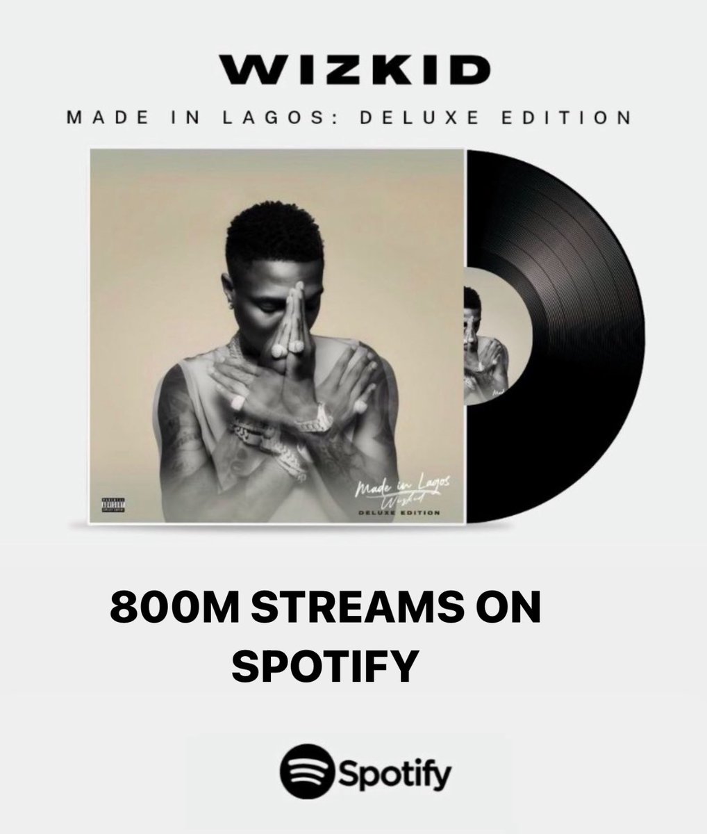 .@wizkidayo “Made In Lagos” now surpassed 800M streams on Spotify.