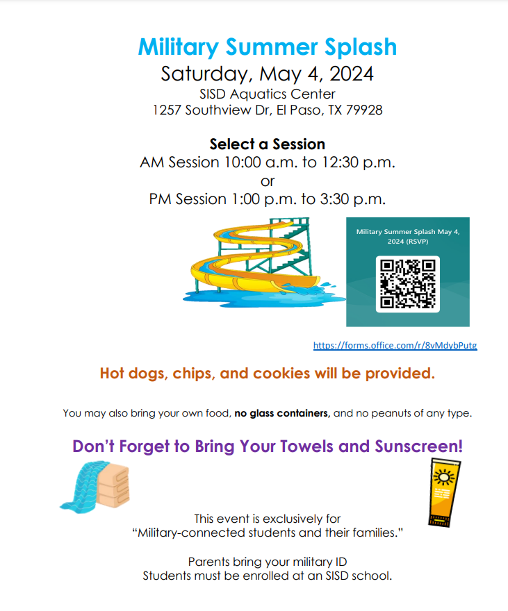 Pebble Hills Military Community, please join us at the annual SISD Summer Splash! Exclusively to our Military Connected families! Deadline to register is April 26th @ 12pm. Reserve 1 session please 💜
#teamSISD
#militaryconnectedfamilies