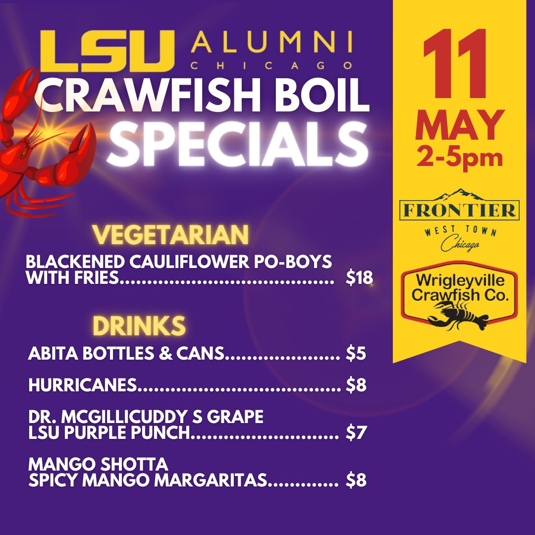 lsuchicago's tweet image. No ticket?! No problem! You can still come and order these specials from @frontierchicago while socializing with your fellow Tigers.  We will have some silent auction items and giveaways! Can’t wait to see everyone - Geaux Tigers💜💛 

#lsu #lsuchicago #lsualumni #chicageaux