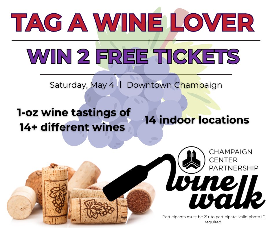 Tag a friend who loves wine and you could both win FREE tickers to our 4th Annual Downtown Wine Walk! 

Sip, stroll, and shop your way through downtown at the 
fourth annual Wine Walk on Sat, May 04 from 2- 6pm.

* Participants must be 21+ to participate, valid photo ID required.