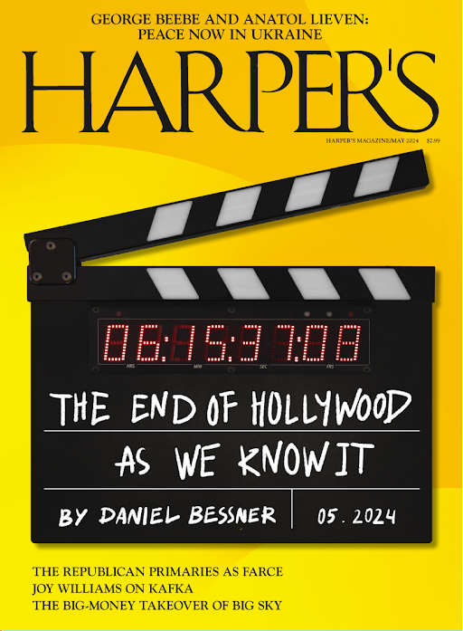 Harpers's tweet photo. In the May issue of Harper’s @dbessner lays out the forces that are destroying Hollywood; @KPaoletta sees the Republican primaries as farce; haunting the Vegas of the Ozarks; Joy Williams on Kafka; Jamaica Kincaid meets James Baldwin; and much more.

https://t.co/EP3rIJzyGg https://t.co/VmlRDk92s6