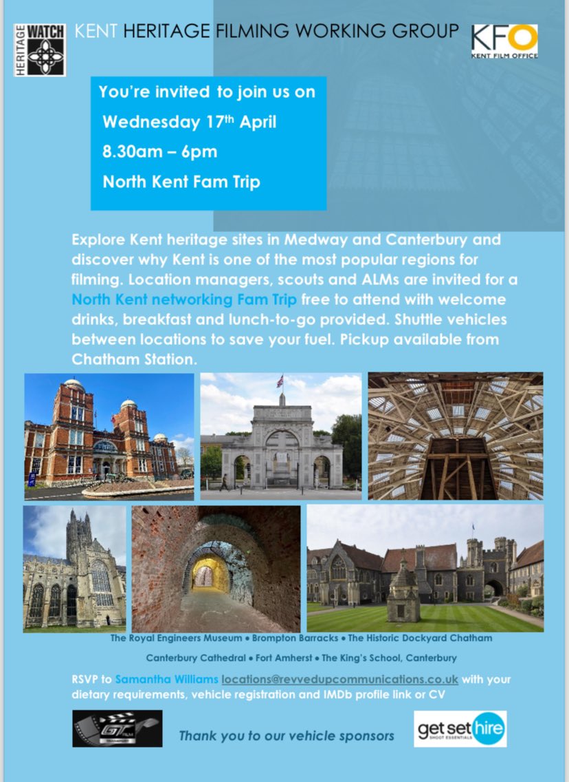 ⚠️ #LocationManager #LocationScout @kentheritage Networking Fam Trip this Wednesday in Medway & Canterbury. Breakfast, lunch and shuttle vehicles provided and some hidden gems to discover during the day 🏰 RSVP via email below ⬇️ Final spaces available