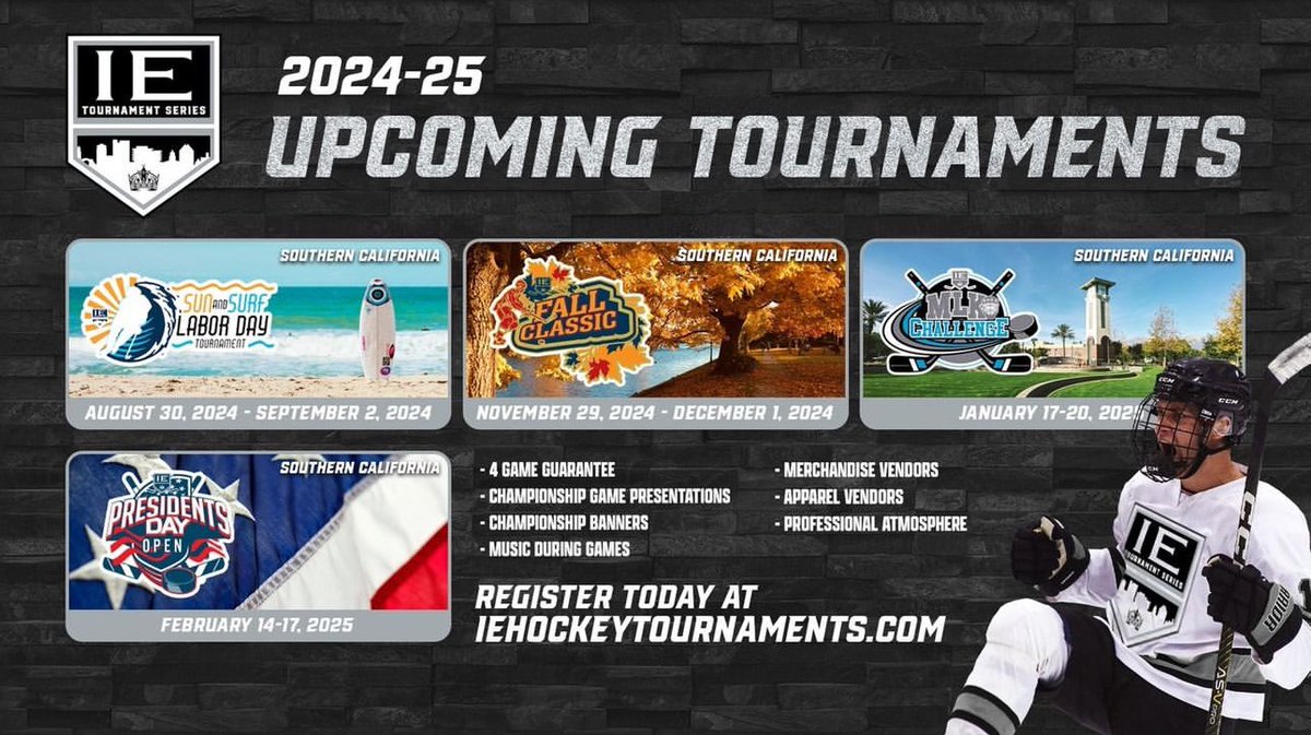 Have tournament plans yet for the 2024-25 season? You can’t go wrong with the Inland Empire Tournament Series in Southern California! For more information and to register, visit iehockeytournaments.com.